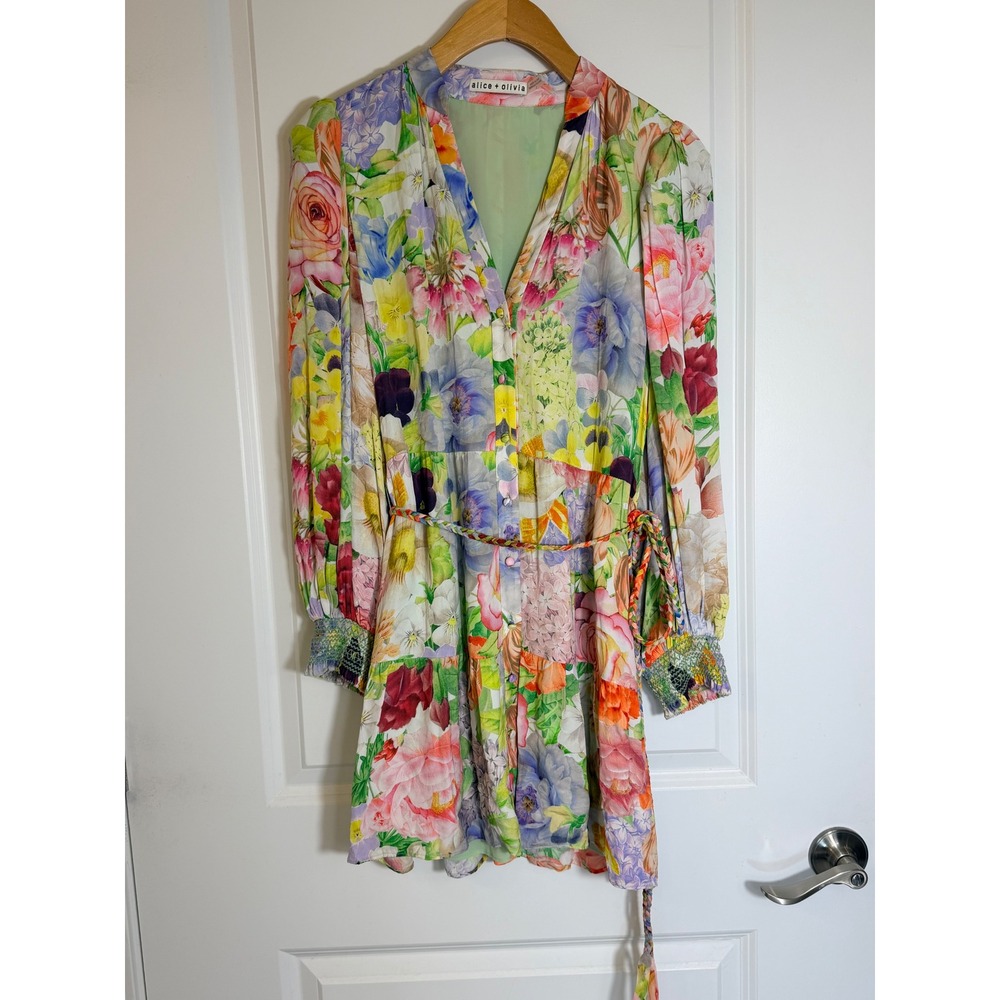 Alice + Olivia Floral Mini Dress V-Neck Long Sleeve Tiered CC304P93519 Size 2
